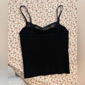 Black Ribbed Camisole with Lace Trim